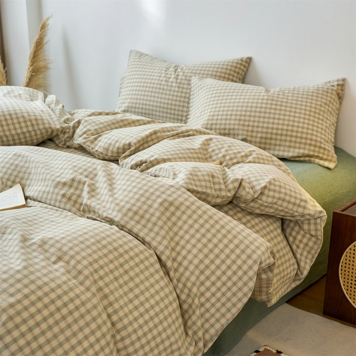 91家纺网 家纺一手货源 找家纺 兰紫橙家纺 2026新款全棉纯棉水洗棉四件套方格朵拉 方格-朵拉绿