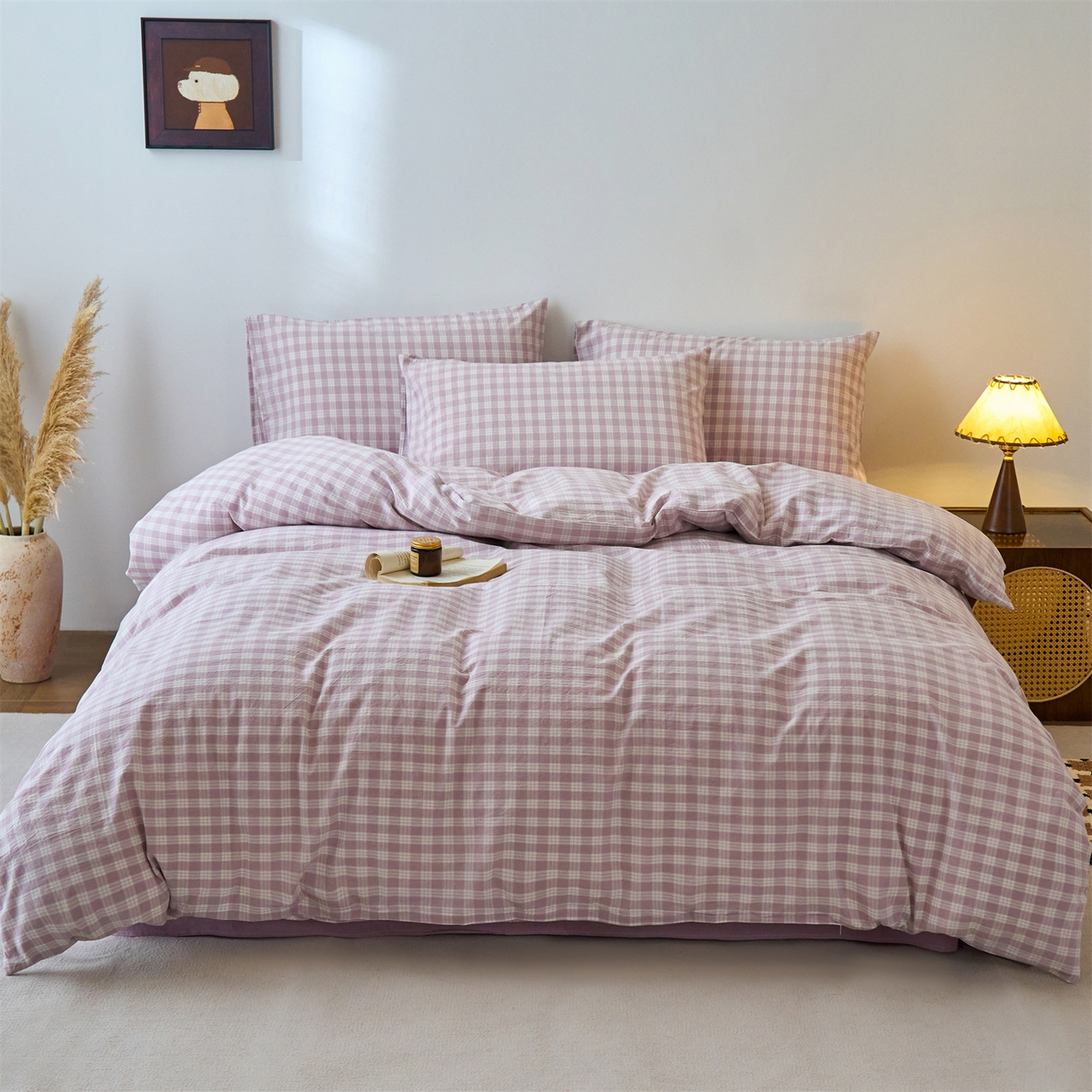 91家纺网 家纺一手货源 找家纺 兰紫橙家纺 2026新款全棉纯棉水洗棉四件套方格朵拉 方格-奶油紫