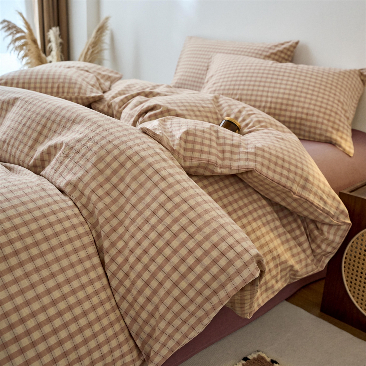 兰紫橙家纺 2026新款全棉纯棉水洗棉四件套方格朵拉 方格-朵拉粉