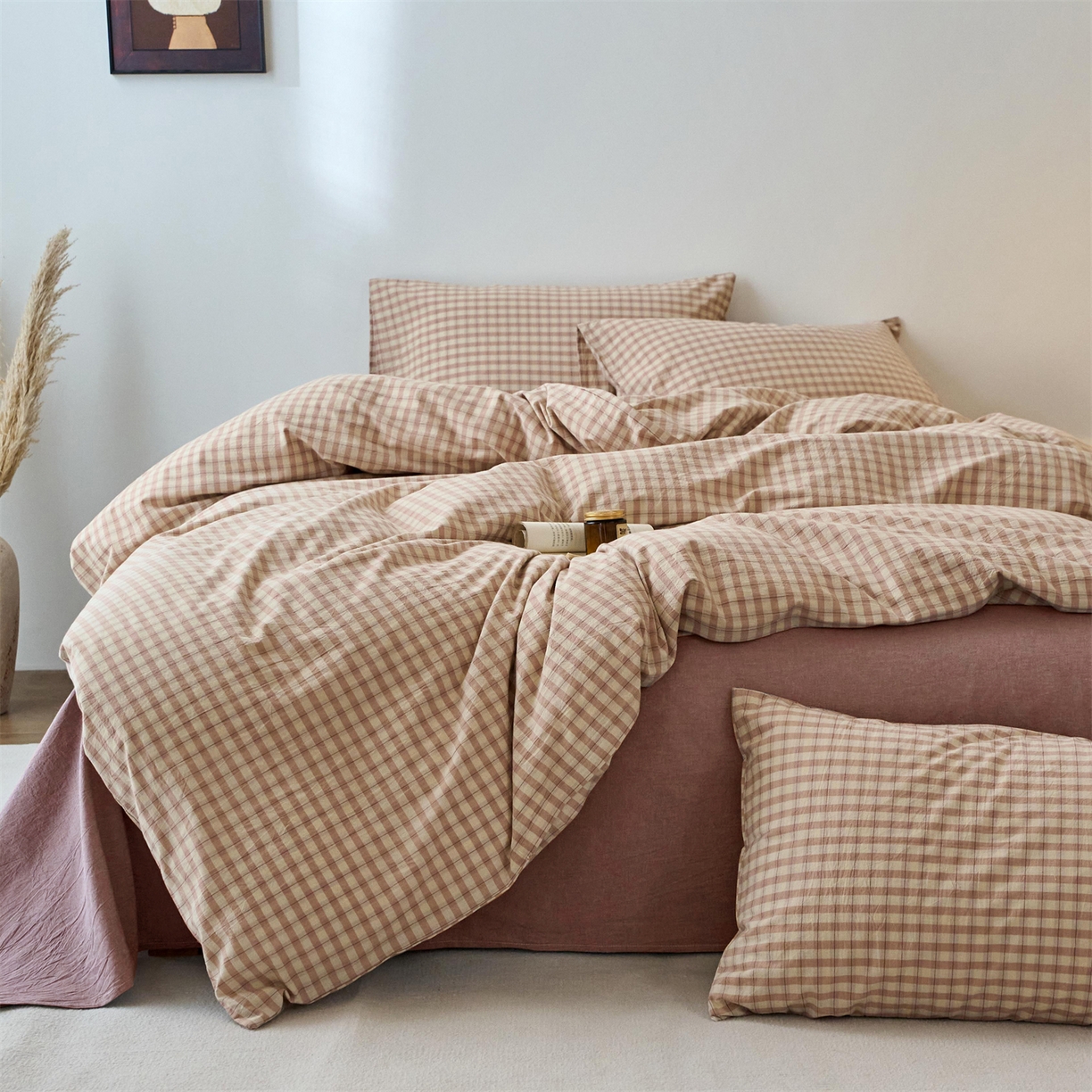 91家纺网 家纺一手货源 找家纺 兰紫橙家纺 2026新款全棉纯棉水洗棉四件套方格朵拉 方格-朵拉粉