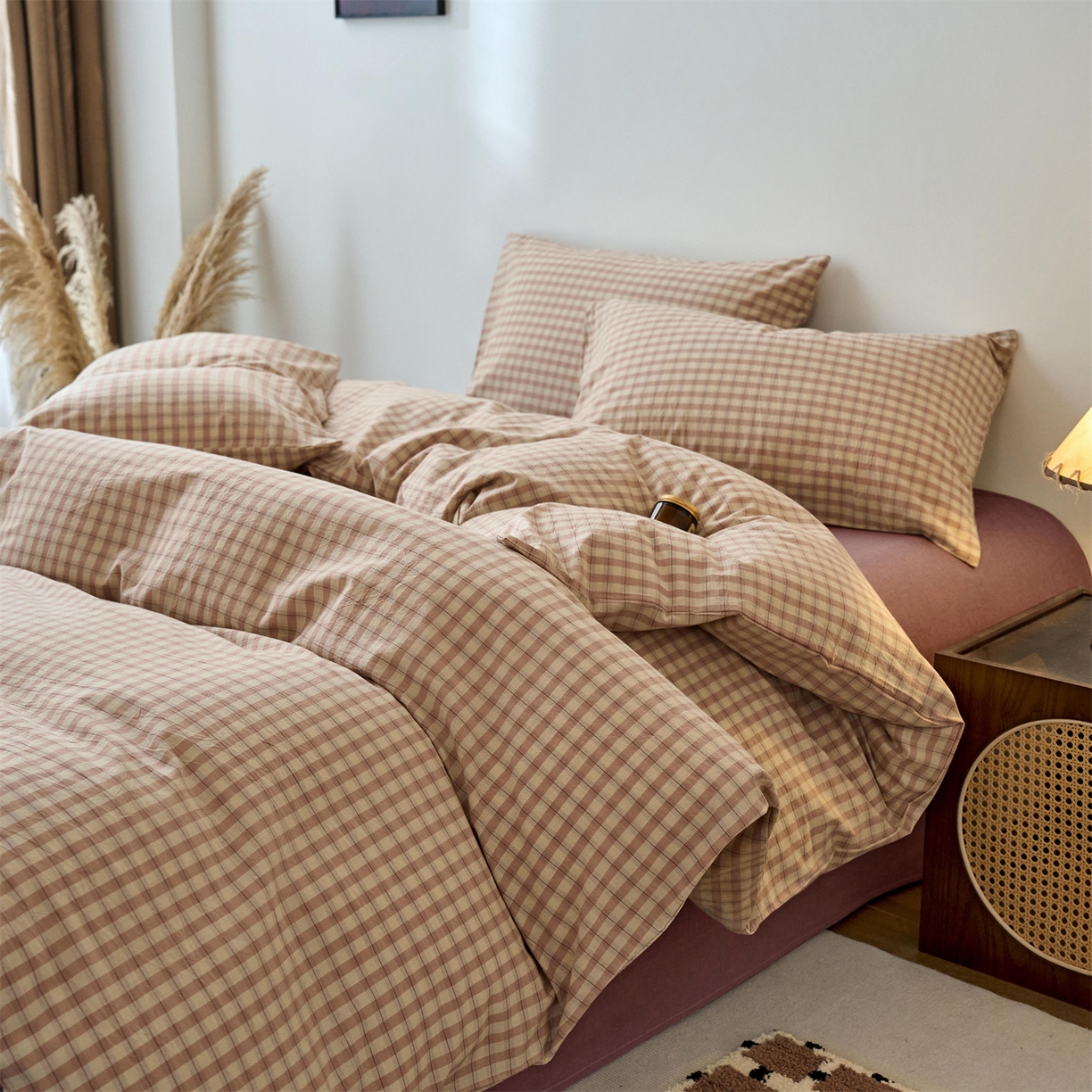 91家纺网 家纺一手货源 找家纺 兰紫橙家纺 2026新款全棉纯棉水洗棉四件套方格朵拉 方格-朵拉粉