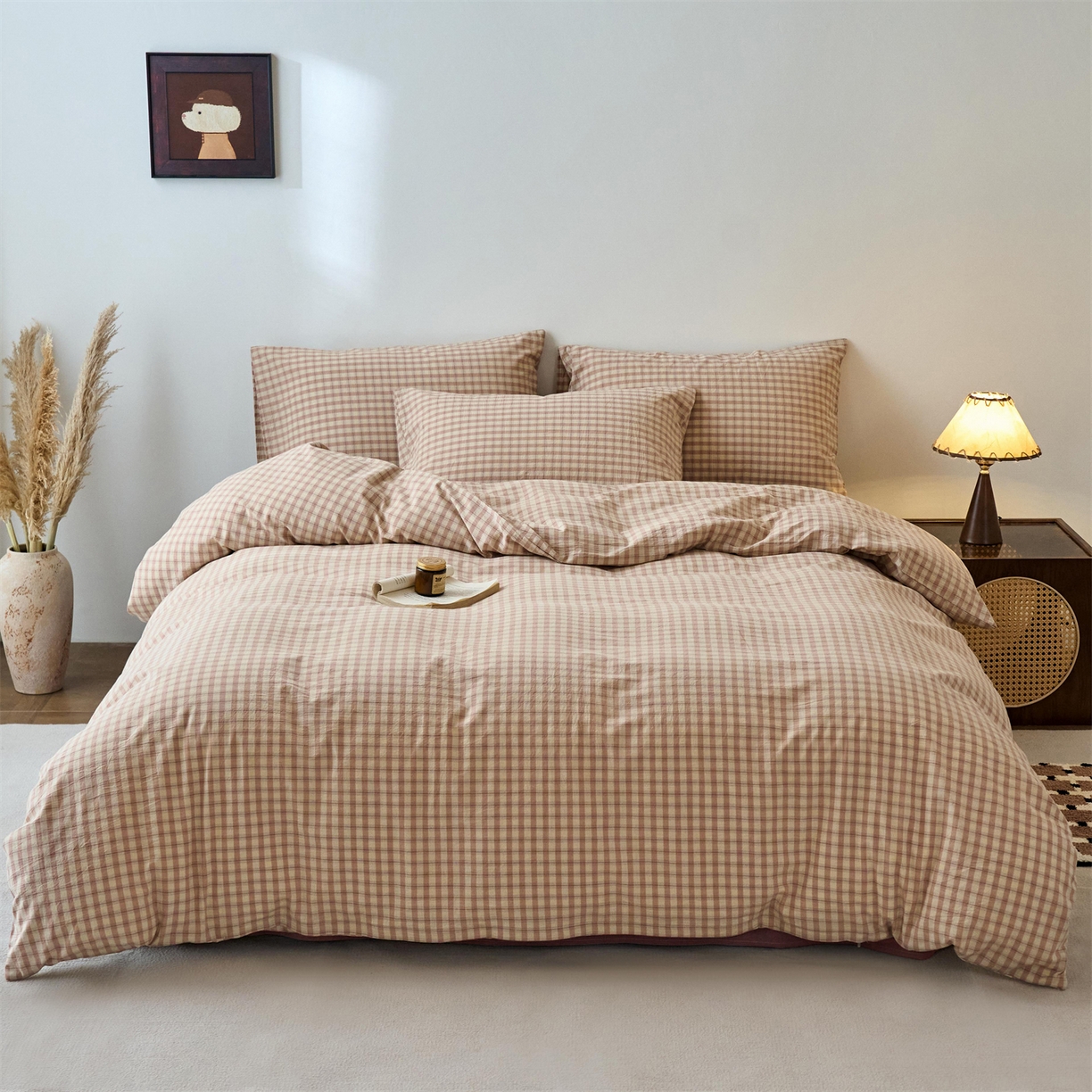 91家纺网 家纺一手货源 找家纺 兰紫橙家纺 2026新款全棉纯棉水洗棉四件套方格朵拉 方格-朵拉粉