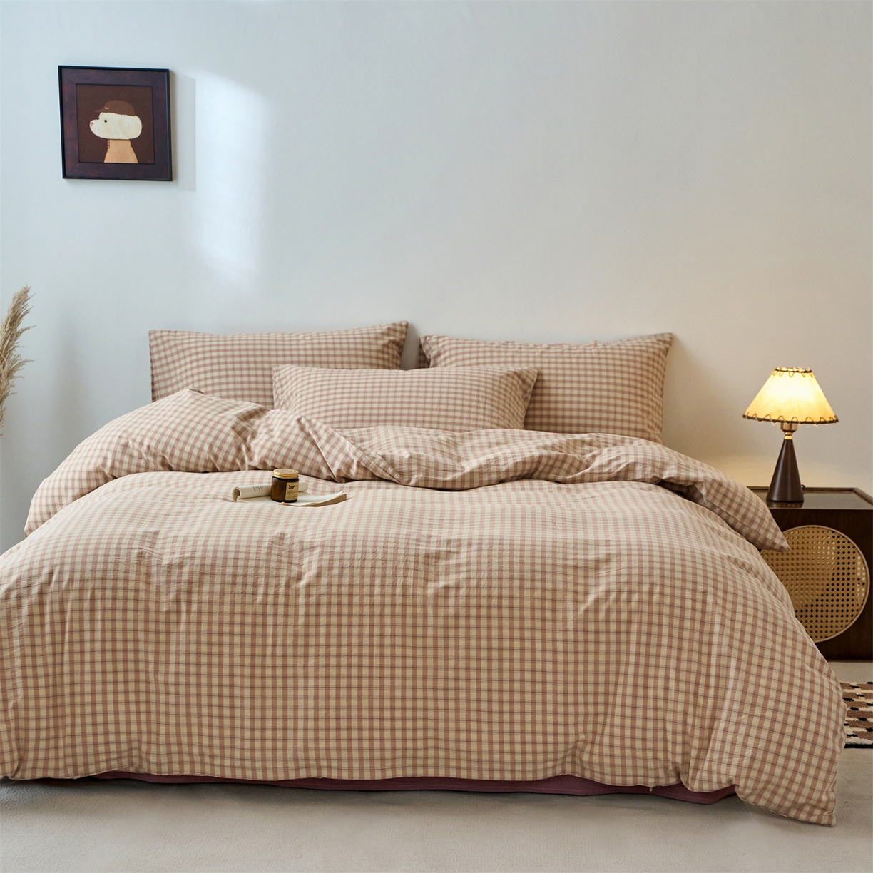 91家纺网 家纺一手货源 找家纺 兰紫橙家纺 2026新款全棉纯棉水洗棉四件套方格朵拉 方格-朵拉粉