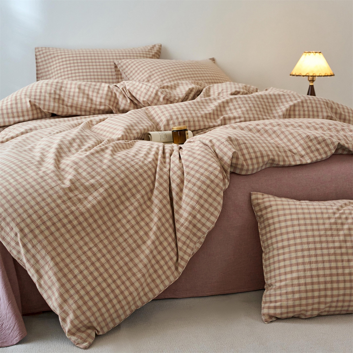 91家纺网 家纺一手货源 找家纺 兰紫橙家纺 2026新款全棉纯棉水洗棉四件套方格朵拉 方格-朵拉粉