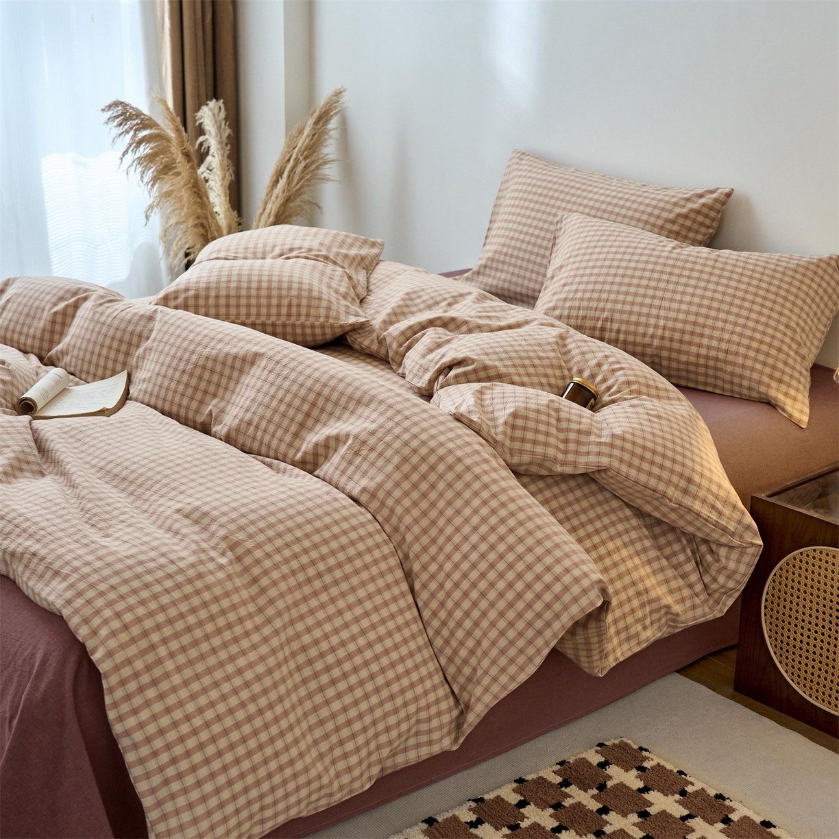 91家纺网 家纺一手货源 找家纺 兰紫橙家纺 2026新款全棉纯棉水洗棉四件套方格朵拉 方格-朵拉粉