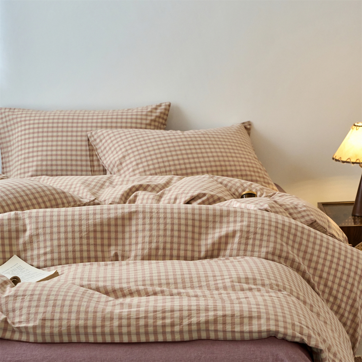 91家纺网 家纺一手货源 找家纺 兰紫橙家纺 2026新款全棉纯棉水洗棉四件套方格朵拉 方格-朵拉粉