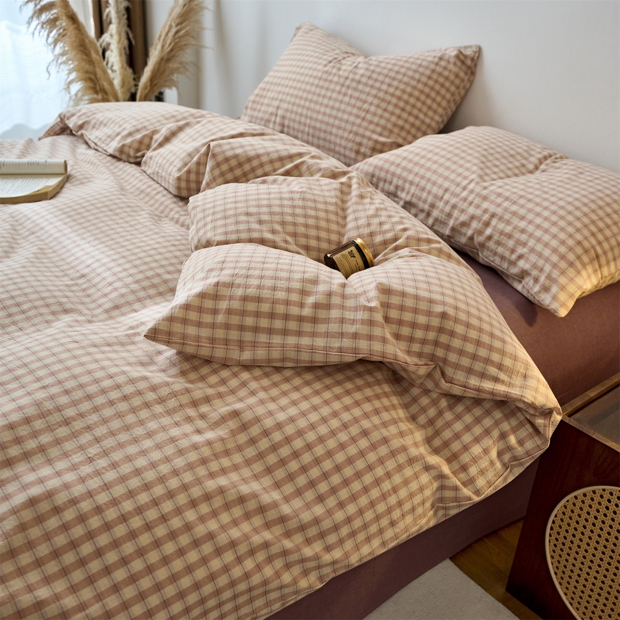 91家纺网 家纺一手货源 找家纺 兰紫橙家纺 2026新款全棉纯棉水洗棉四件套方格朵拉 方格-朵拉粉