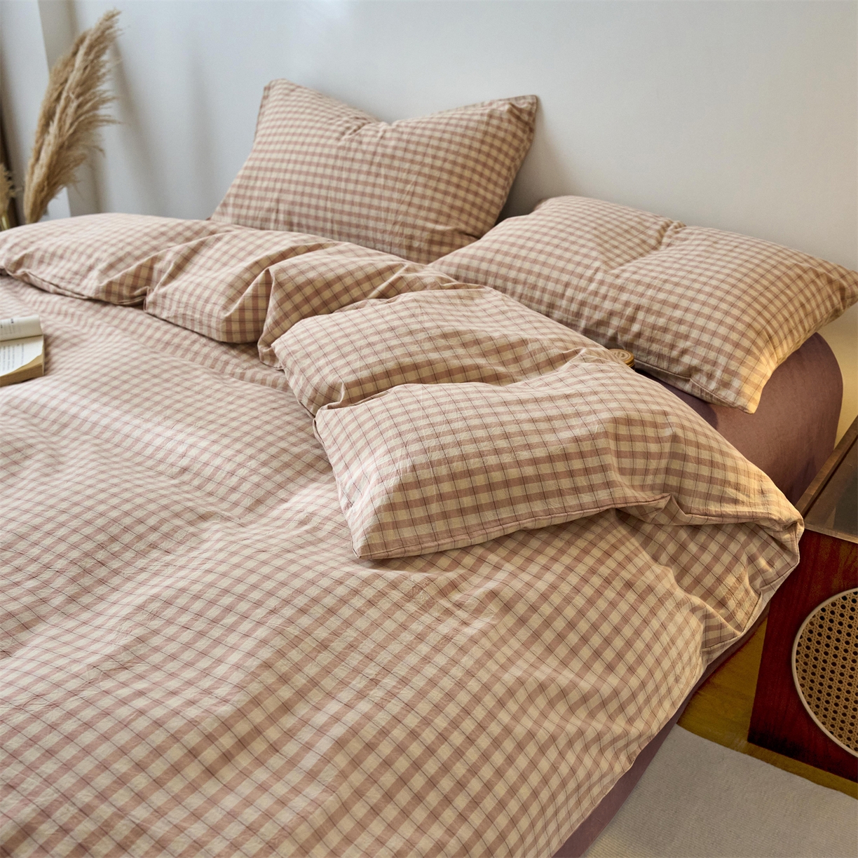 91家纺网 家纺一手货源 找家纺 兰紫橙家纺 2026新款全棉纯棉水洗棉四件套方格朵拉 方格-朵拉粉