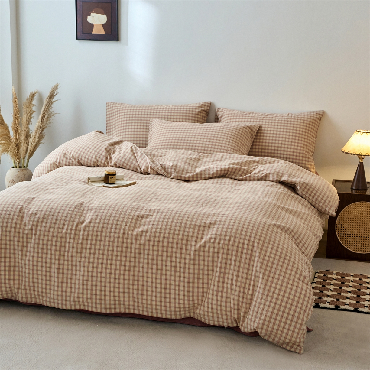 91家纺网 家纺一手货源 找家纺 兰紫橙家纺 2026新款全棉纯棉水洗棉四件套方格朵拉 方格-朵拉粉