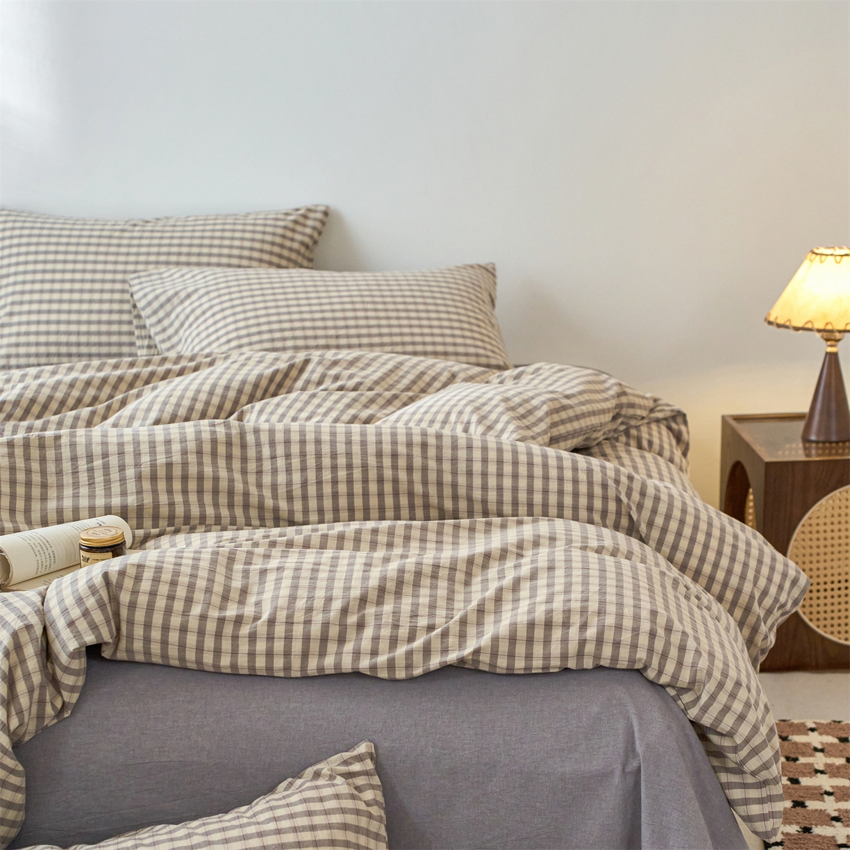 91家纺网 家纺一手货源 找家纺 兰紫橙家纺 2026新款全棉纯棉水洗棉四件套方格朵拉 方格-朵拉灰