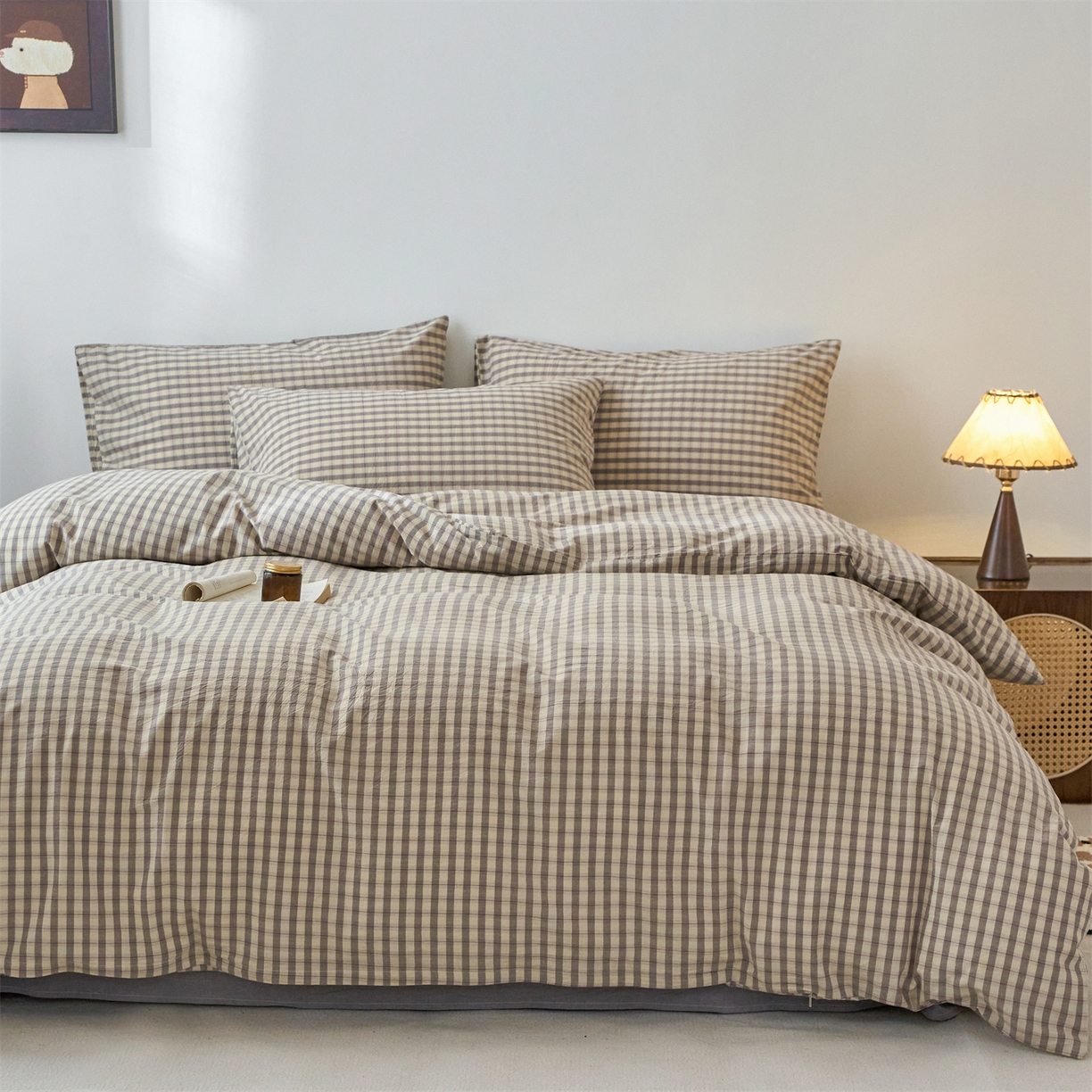 91家纺网 家纺一手货源 找家纺 兰紫橙家纺 2026新款全棉纯棉水洗棉四件套方格朵拉 方格-朵拉灰