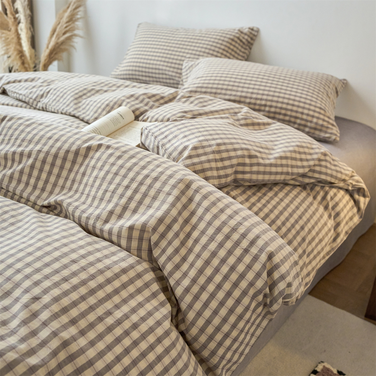 91家纺网 家纺一手货源 找家纺 兰紫橙家纺 2026新款全棉纯棉水洗棉四件套方格朵拉 方格-朵拉灰