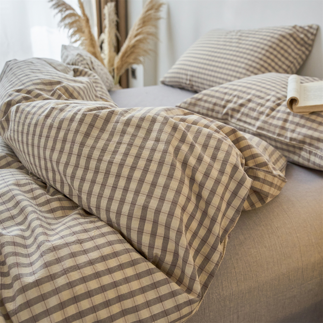 91家纺网 家纺一手货源 找家纺 兰紫橙家纺 2026新款全棉纯棉水洗棉四件套方格朵拉 方格-朵拉灰