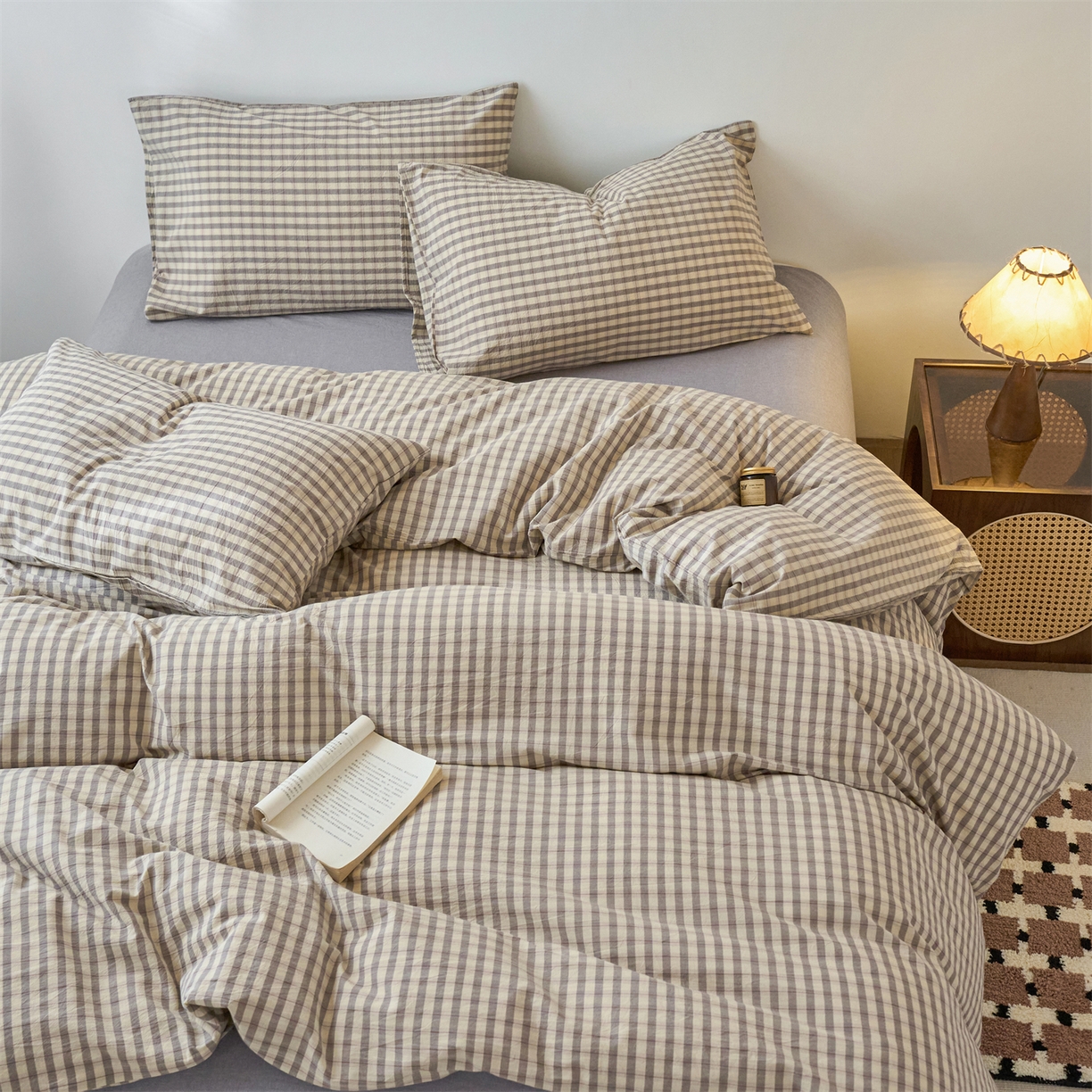 91家纺网 家纺一手货源 找家纺 兰紫橙家纺 2026新款全棉纯棉水洗棉四件套方格朵拉 方格-朵拉灰