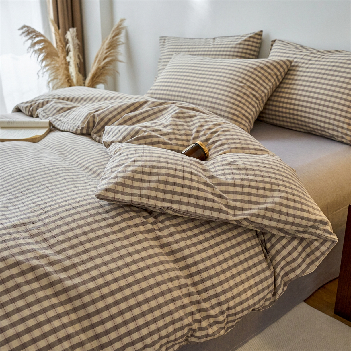 91家纺网 家纺一手货源 找家纺 兰紫橙家纺 2026新款全棉纯棉水洗棉四件套方格朵拉 方格-朵拉灰