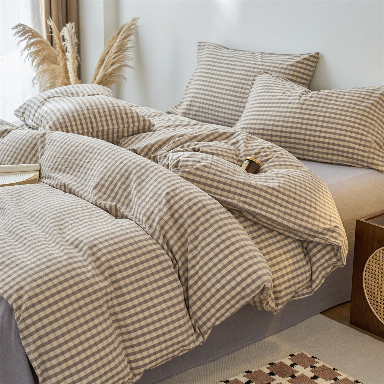 91家纺网 家纺一手货源 找家纺 兰紫橙家纺 2026新款全棉纯棉水洗棉四件套方格朵拉 方格-朵拉灰