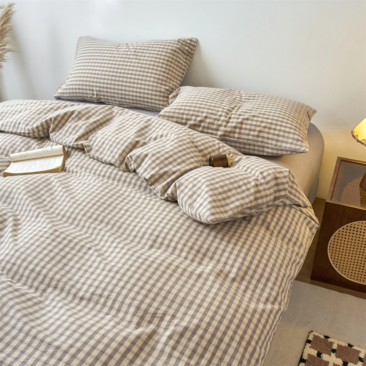 91家纺网 家纺一手货源 找家纺 兰紫橙家纺 2026新款全棉纯棉水洗棉四件套方格朵拉 方格-朵拉灰