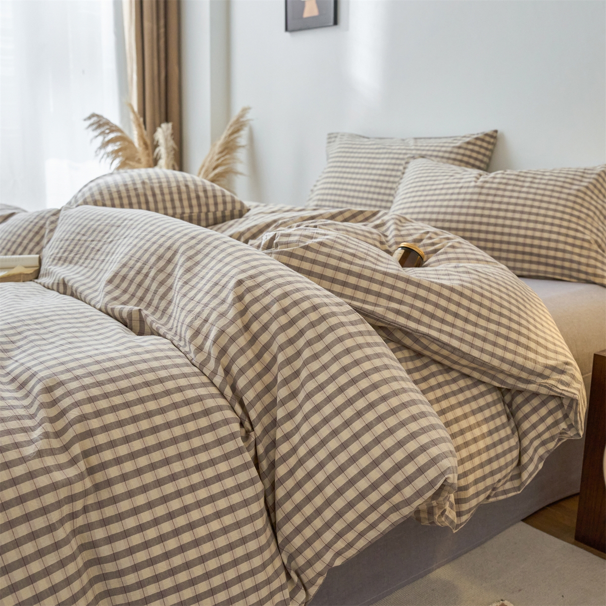 91家纺网 家纺一手货源 找家纺 兰紫橙家纺 2026新款全棉纯棉水洗棉四件套方格朵拉 方格-朵拉灰