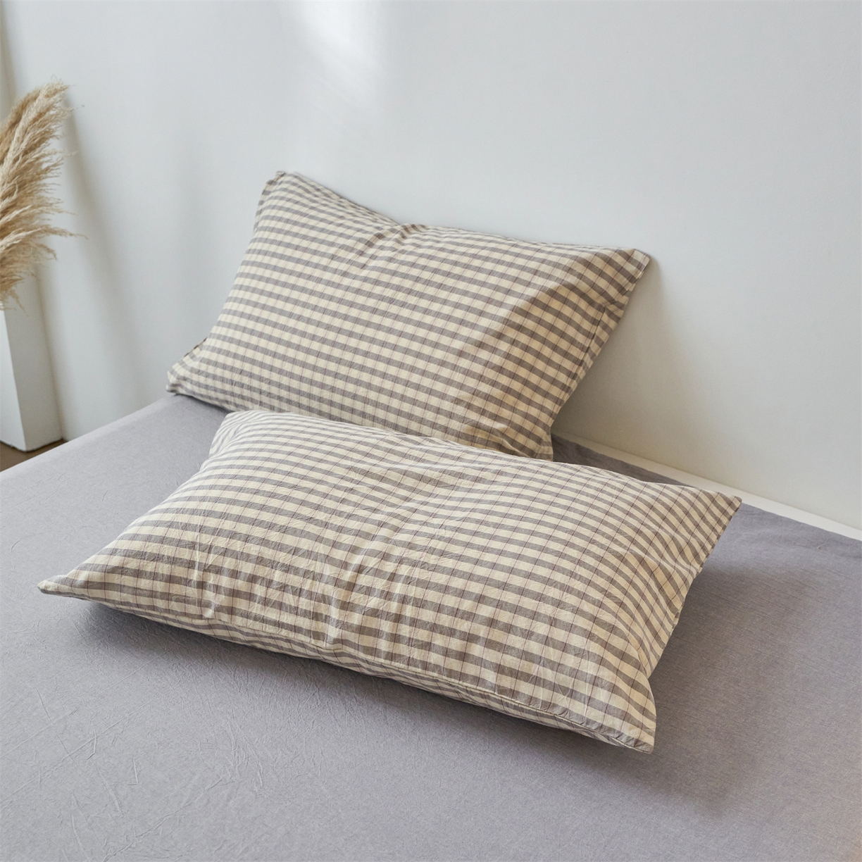 91家纺网 家纺一手货源 找家纺 兰紫橙家纺 2026新款全棉纯棉水洗棉四件套方格朵拉 方格-朵拉灰