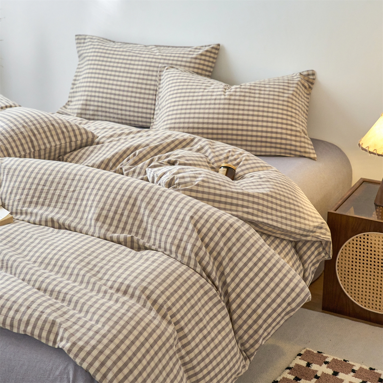 91家纺网 家纺一手货源 找家纺 兰紫橙家纺 2026新款全棉纯棉水洗棉四件套方格朵拉 方格-朵拉灰