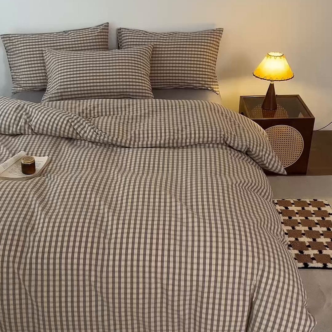 91家纺网 家纺一手货源 找家纺 兰紫橙家纺 2026新款全棉纯棉水洗棉四件套方格朵拉 方格-朵拉灰