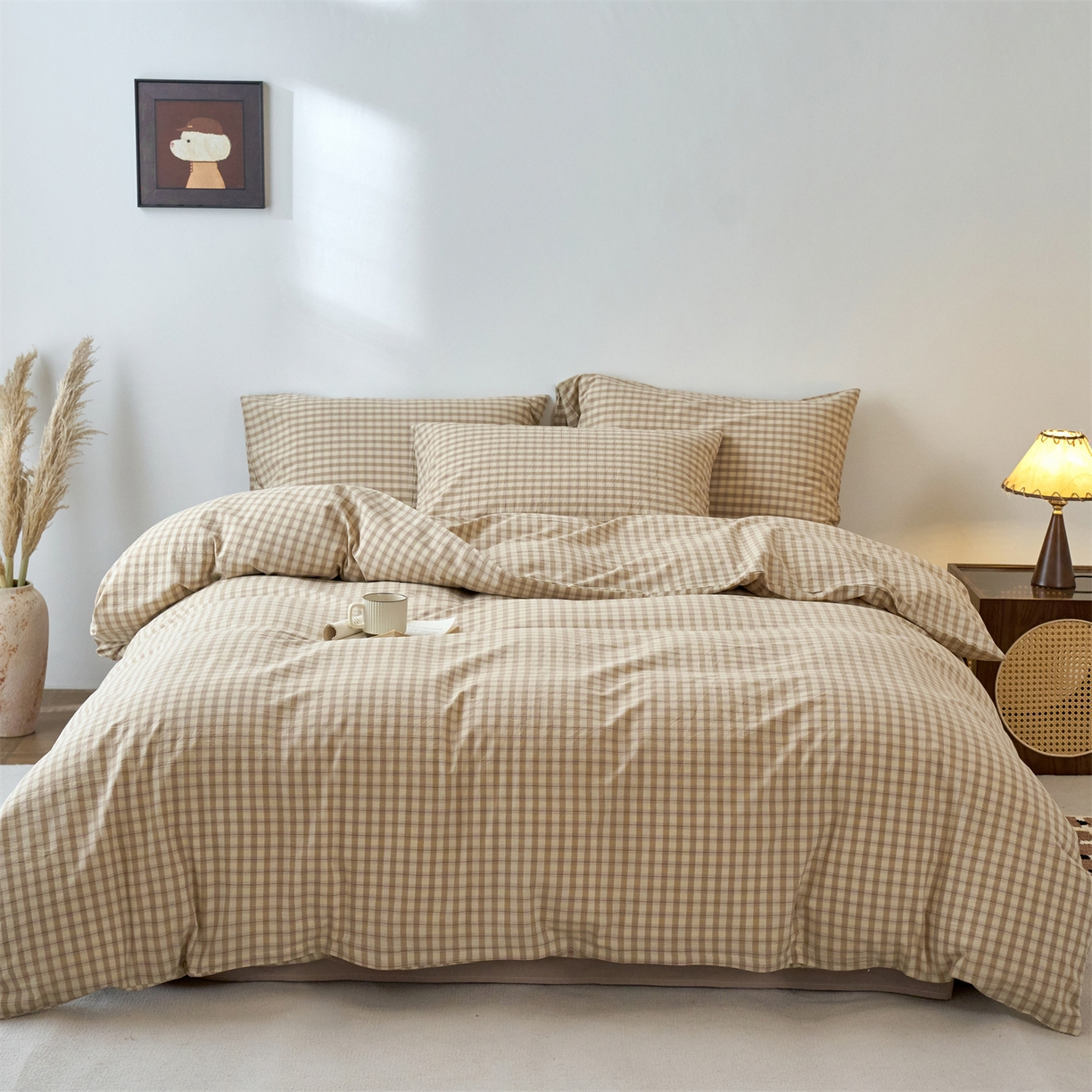 91家纺网 家纺一手货源 找家纺 兰紫橙家纺 2026新款全棉纯棉水洗棉四件套方格朵拉 方格-朵拉咖