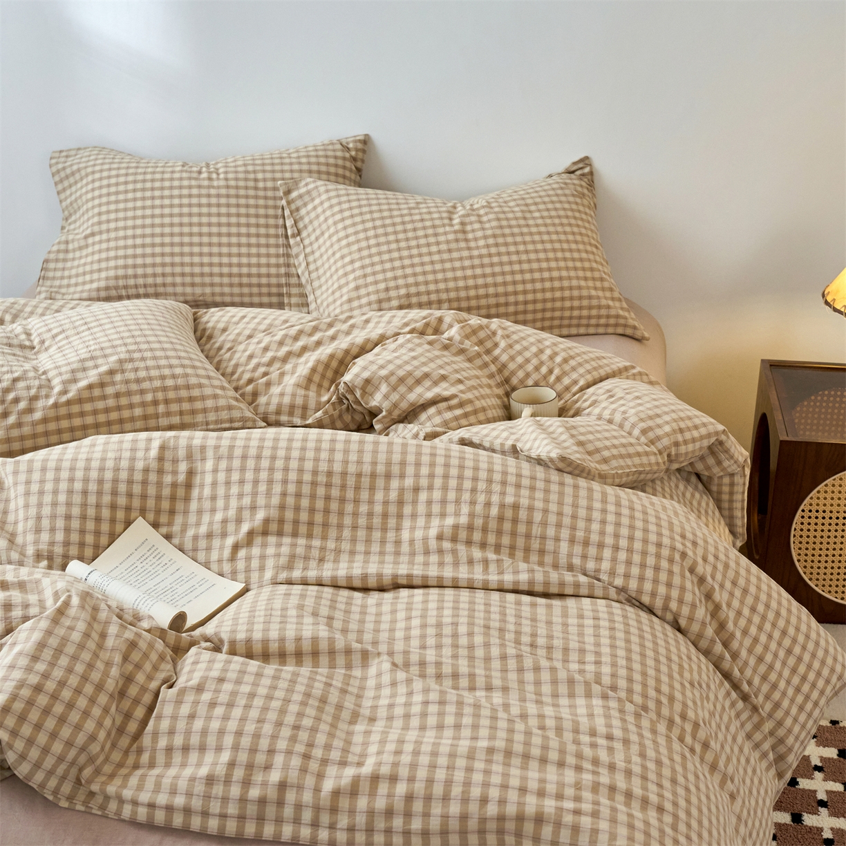 91家纺网 家纺一手货源 找家纺 兰紫橙家纺 2026新款全棉纯棉水洗棉四件套方格朵拉 方格-朵拉咖