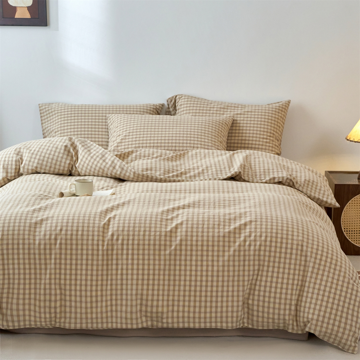 91家纺网 家纺一手货源 找家纺 兰紫橙家纺 2026新款全棉纯棉水洗棉四件套方格朵拉 方格-朵拉咖