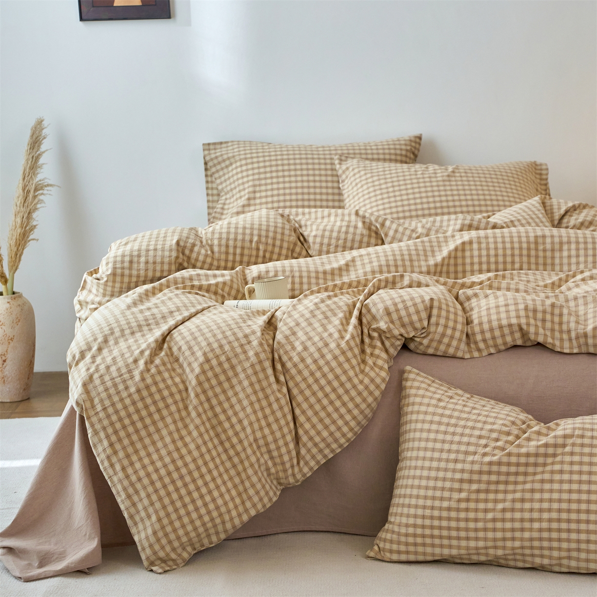 91家纺网 家纺一手货源 找家纺 兰紫橙家纺 2026新款全棉纯棉水洗棉四件套方格朵拉 方格-朵拉咖