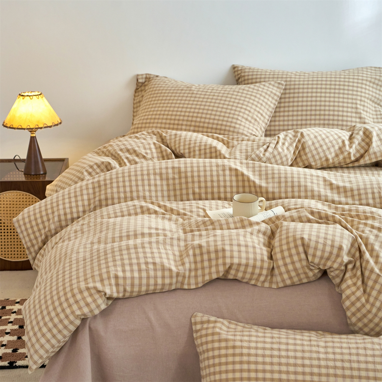 91家纺网 家纺一手货源 找家纺 兰紫橙家纺 2026新款全棉纯棉水洗棉四件套方格朵拉 方格-朵拉咖