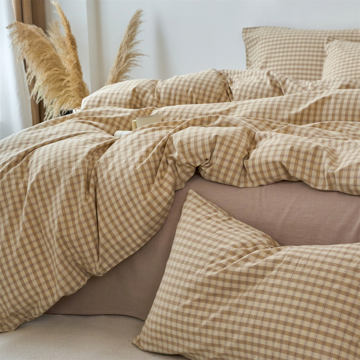 91家纺网 家纺一手货源 找家纺 兰紫橙家纺 2026新款全棉纯棉水洗棉四件套方格朵拉 方格-朵拉咖