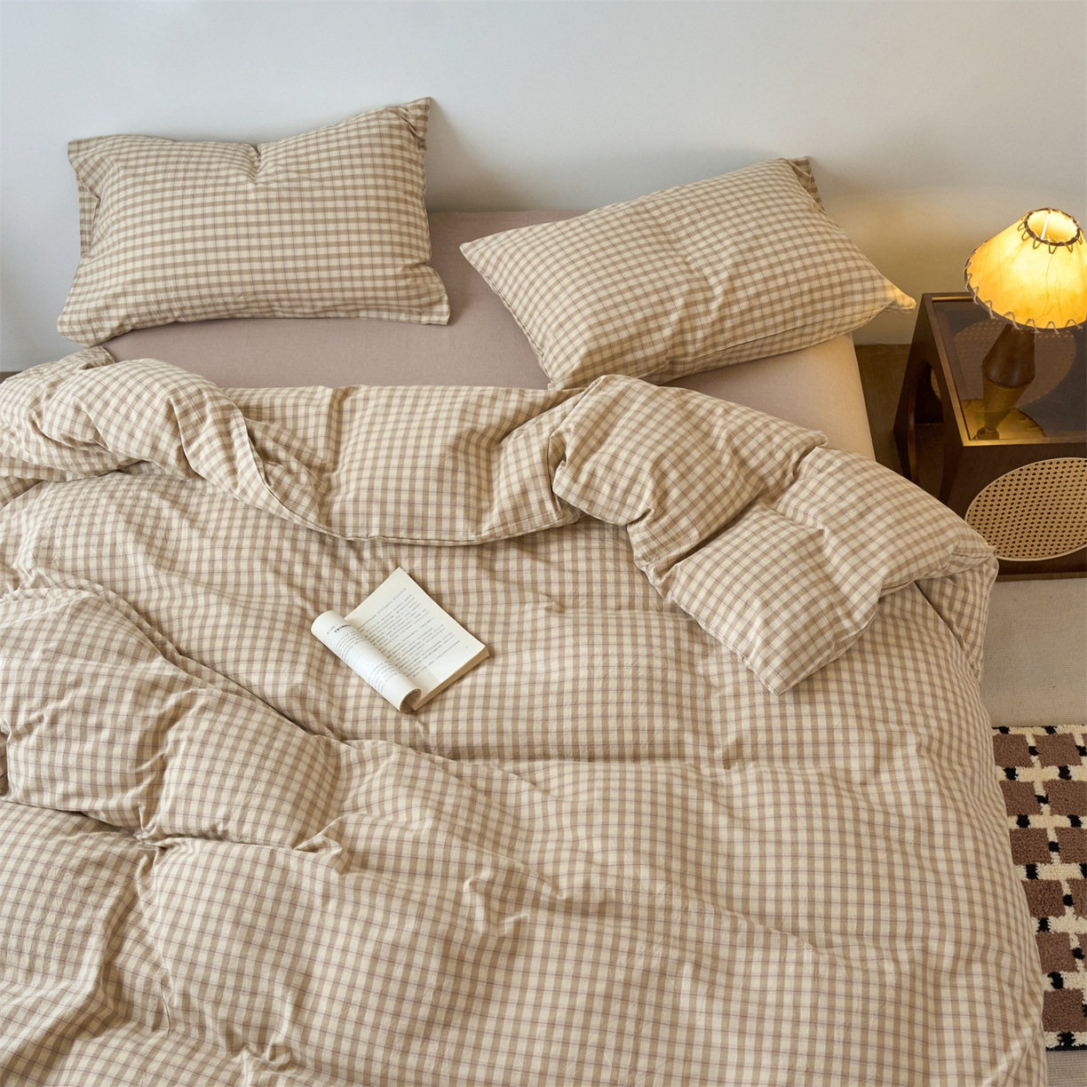 91家纺网 家纺一手货源 找家纺 兰紫橙家纺 2026新款全棉纯棉水洗棉四件套方格朵拉 方格-朵拉咖