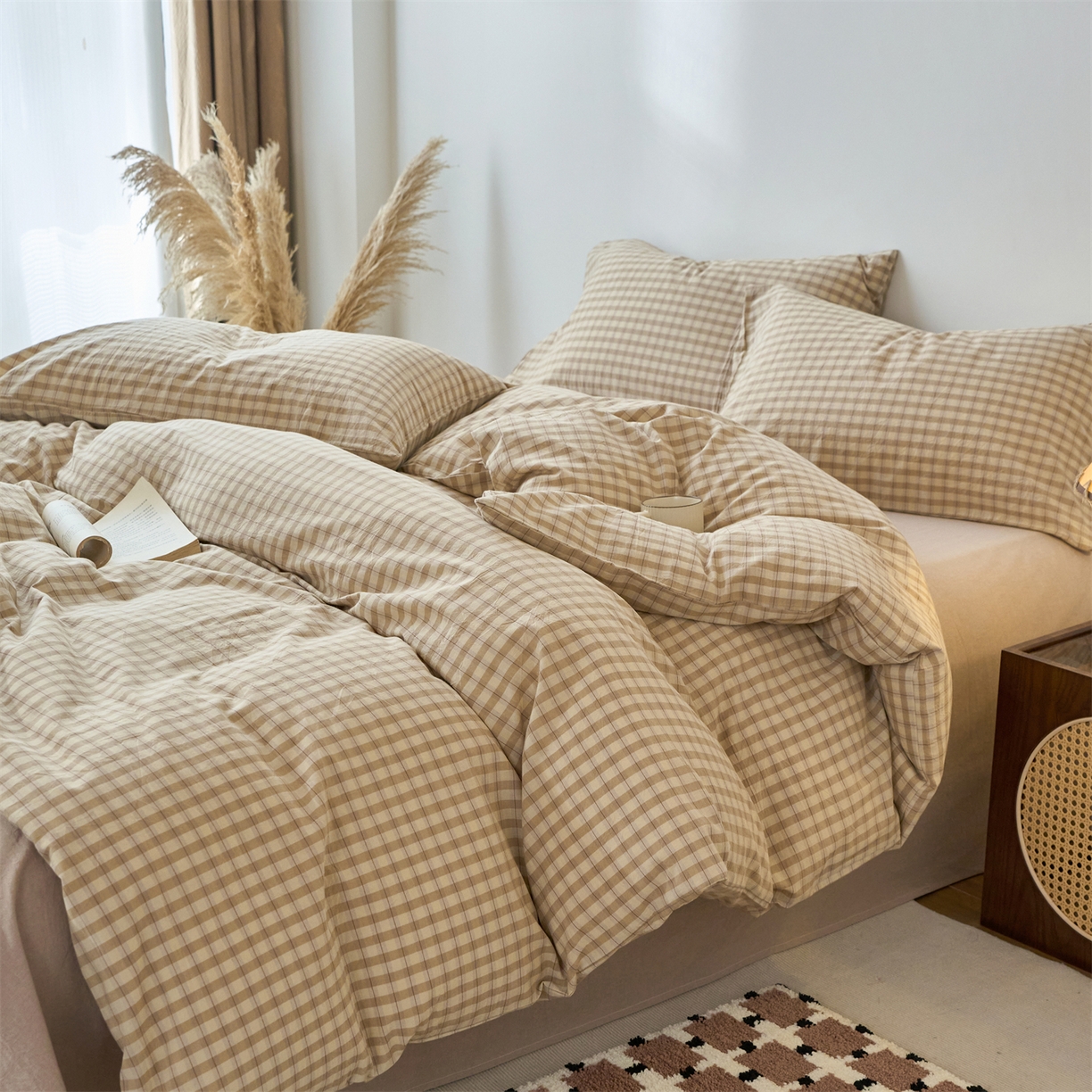 91家纺网 家纺一手货源 找家纺 兰紫橙家纺 2026新款全棉纯棉水洗棉四件套方格朵拉 方格-朵拉咖