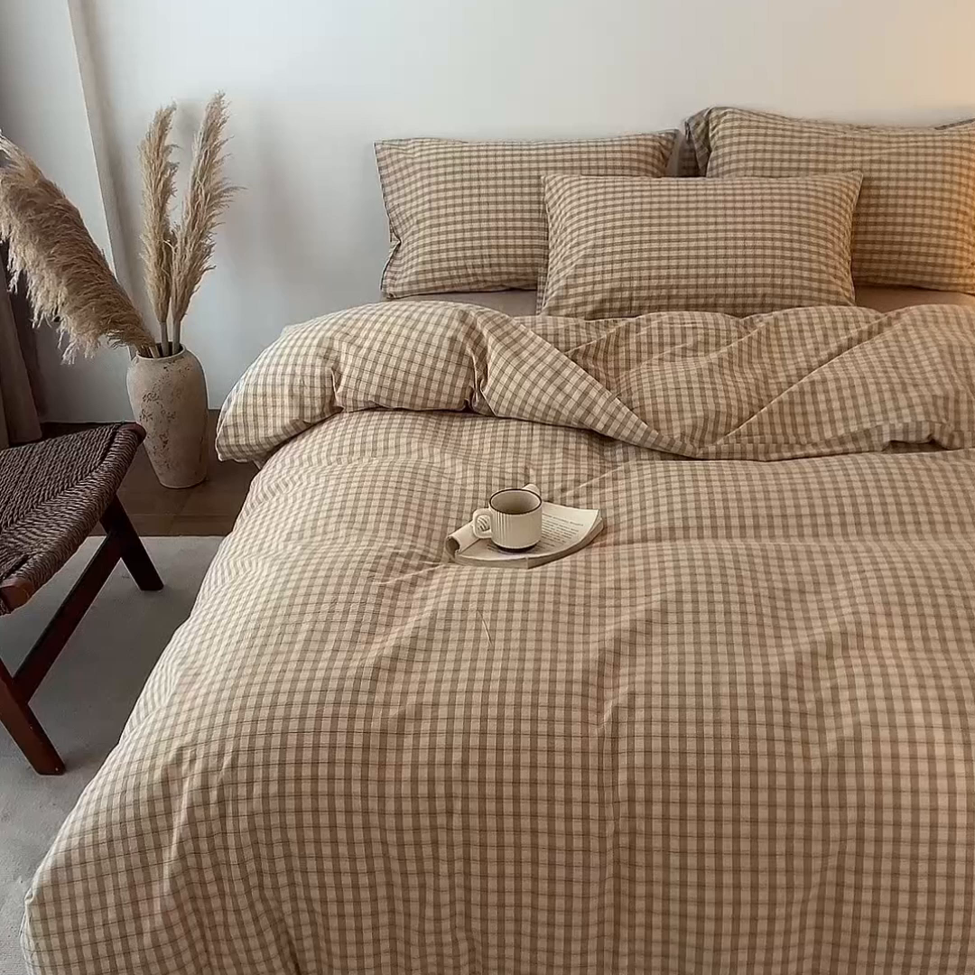 91家纺网 家纺一手货源 找家纺 兰紫橙家纺 2026新款全棉纯棉水洗棉四件套方格朵拉 方格-朵拉咖