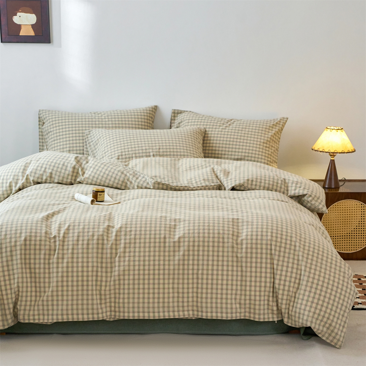 91家纺网 家纺一手货源 找家纺 兰紫橙家纺 2026新款全棉纯棉水洗棉四件套方格朵拉 方格-朵拉绿