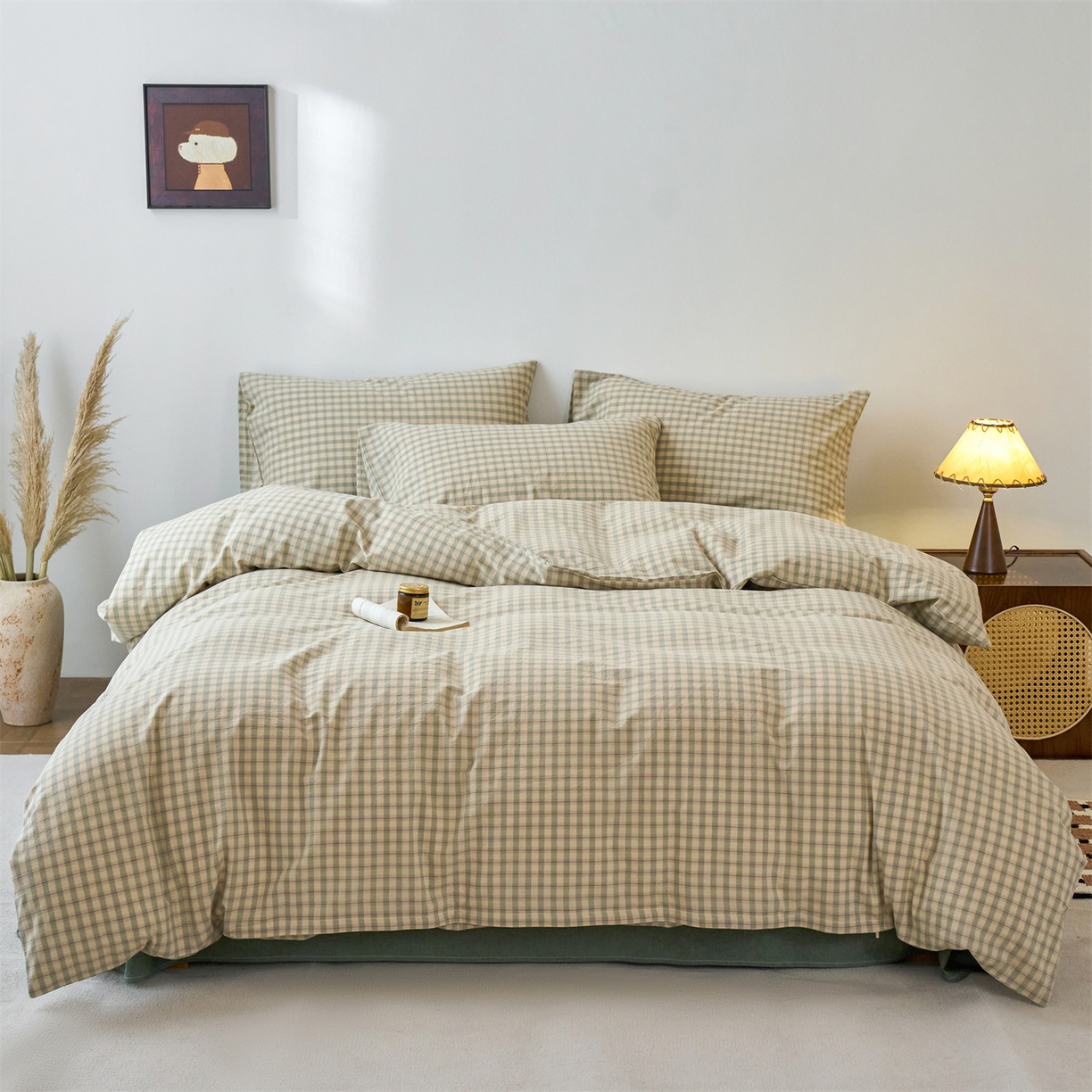 91家纺网 家纺一手货源 找家纺 兰紫橙家纺 2026新款全棉纯棉水洗棉四件套方格朵拉 方格-朵拉绿