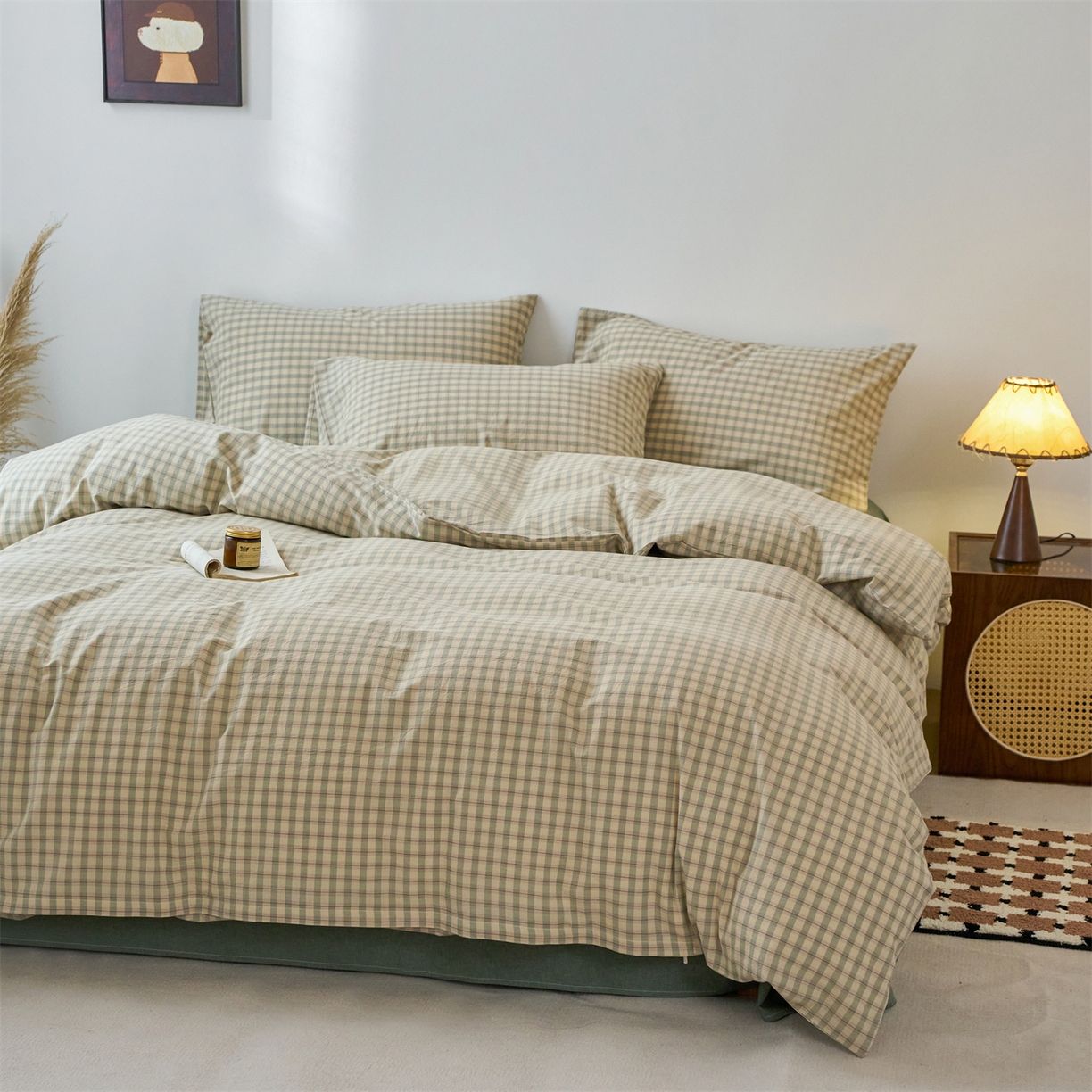 91家纺网 家纺一手货源 找家纺 兰紫橙家纺 2026新款全棉纯棉水洗棉四件套方格朵拉 方格-朵拉绿