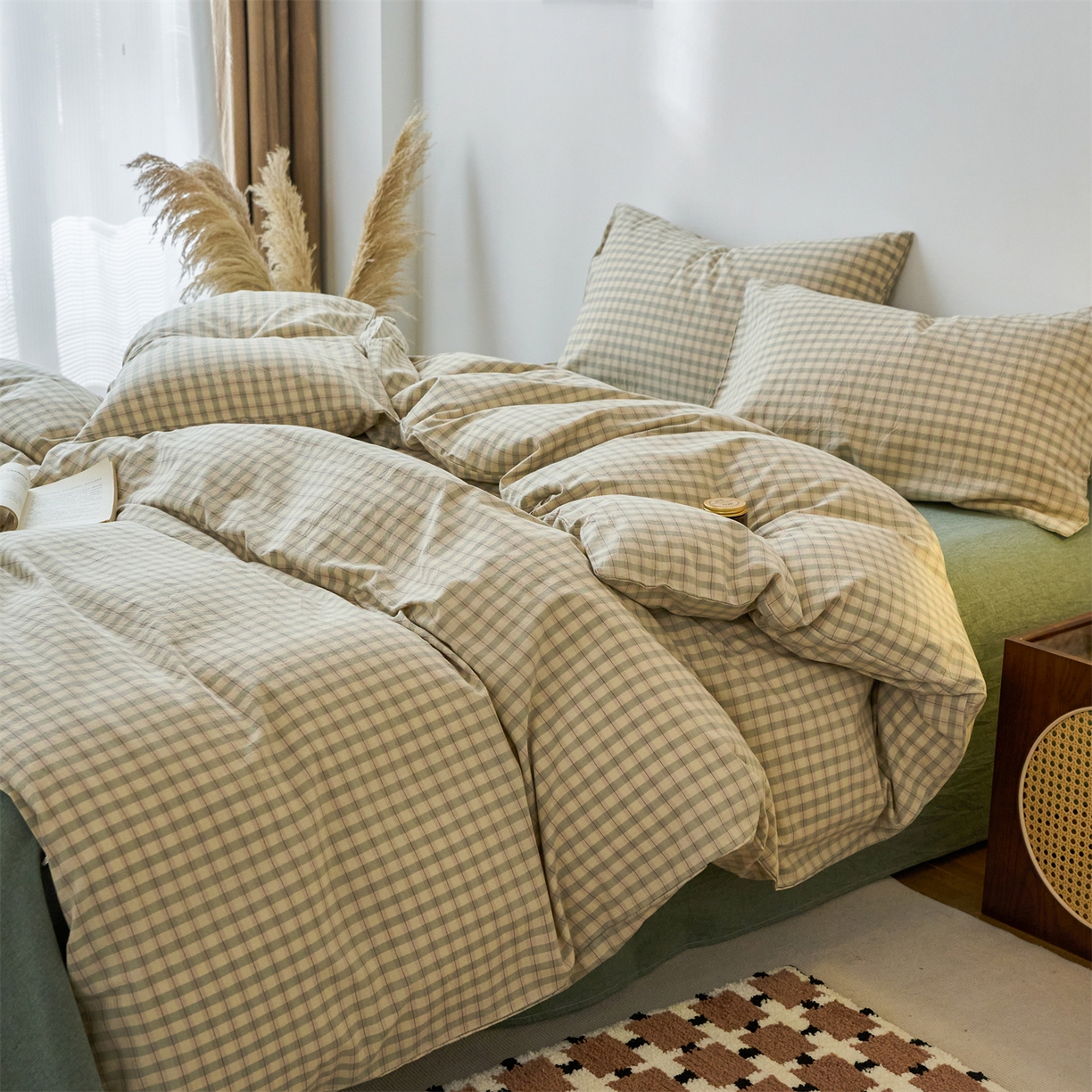 91家纺网 家纺一手货源 找家纺 兰紫橙家纺 2026新款全棉纯棉水洗棉四件套方格朵拉 方格-朵拉绿