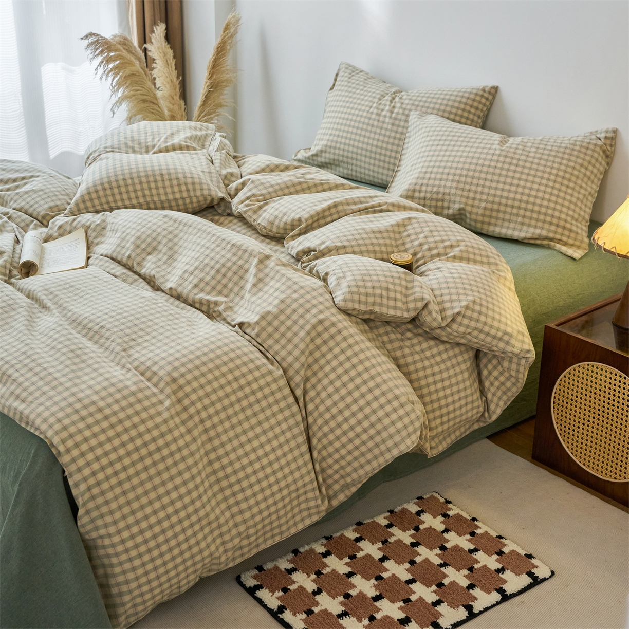 91家纺网 家纺一手货源 找家纺 兰紫橙家纺 2026新款全棉纯棉水洗棉四件套方格朵拉 方格-朵拉绿