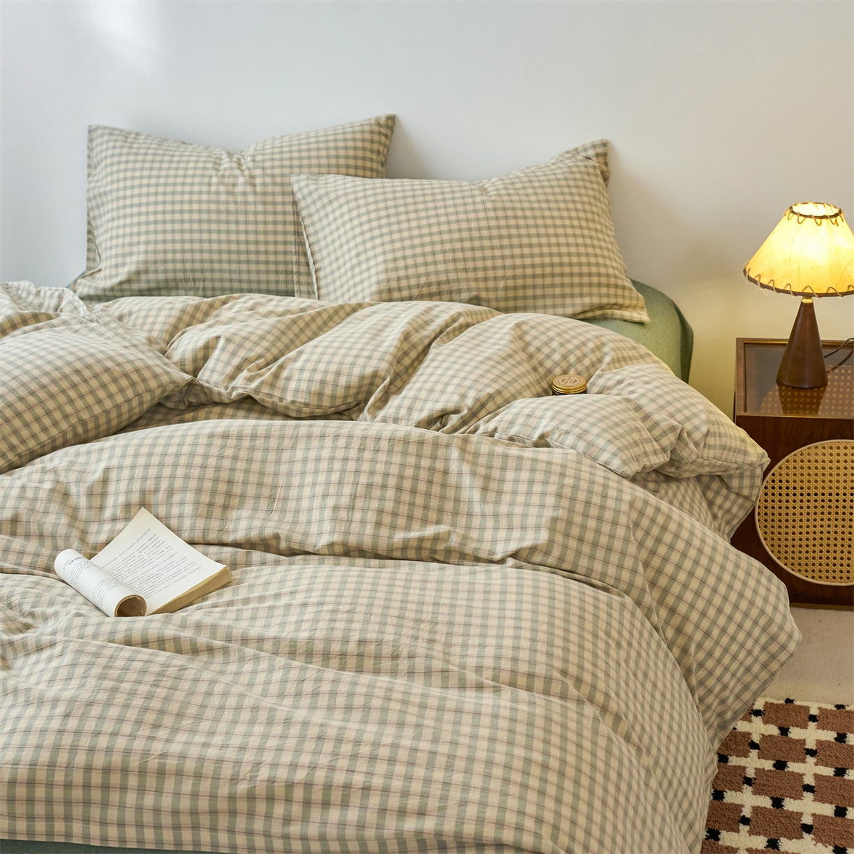 91家纺网 家纺一手货源 找家纺 兰紫橙家纺 2026新款全棉纯棉水洗棉四件套方格朵拉 方格-朵拉绿