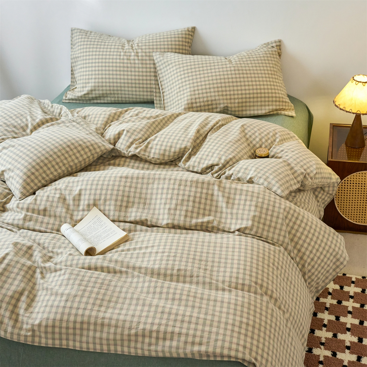 91家纺网 家纺一手货源 找家纺 兰紫橙家纺 2026新款全棉纯棉水洗棉四件套方格朵拉 方格-朵拉绿