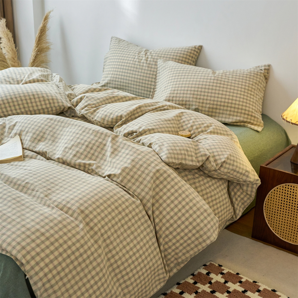 91家纺网 家纺一手货源 找家纺 兰紫橙家纺 2026新款全棉纯棉水洗棉四件套方格朵拉 方格-朵拉绿