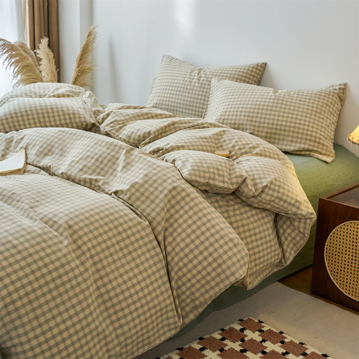 91家纺网 家纺一手货源 找家纺 兰紫橙家纺 2026新款全棉纯棉水洗棉四件套方格朵拉 方格-朵拉绿