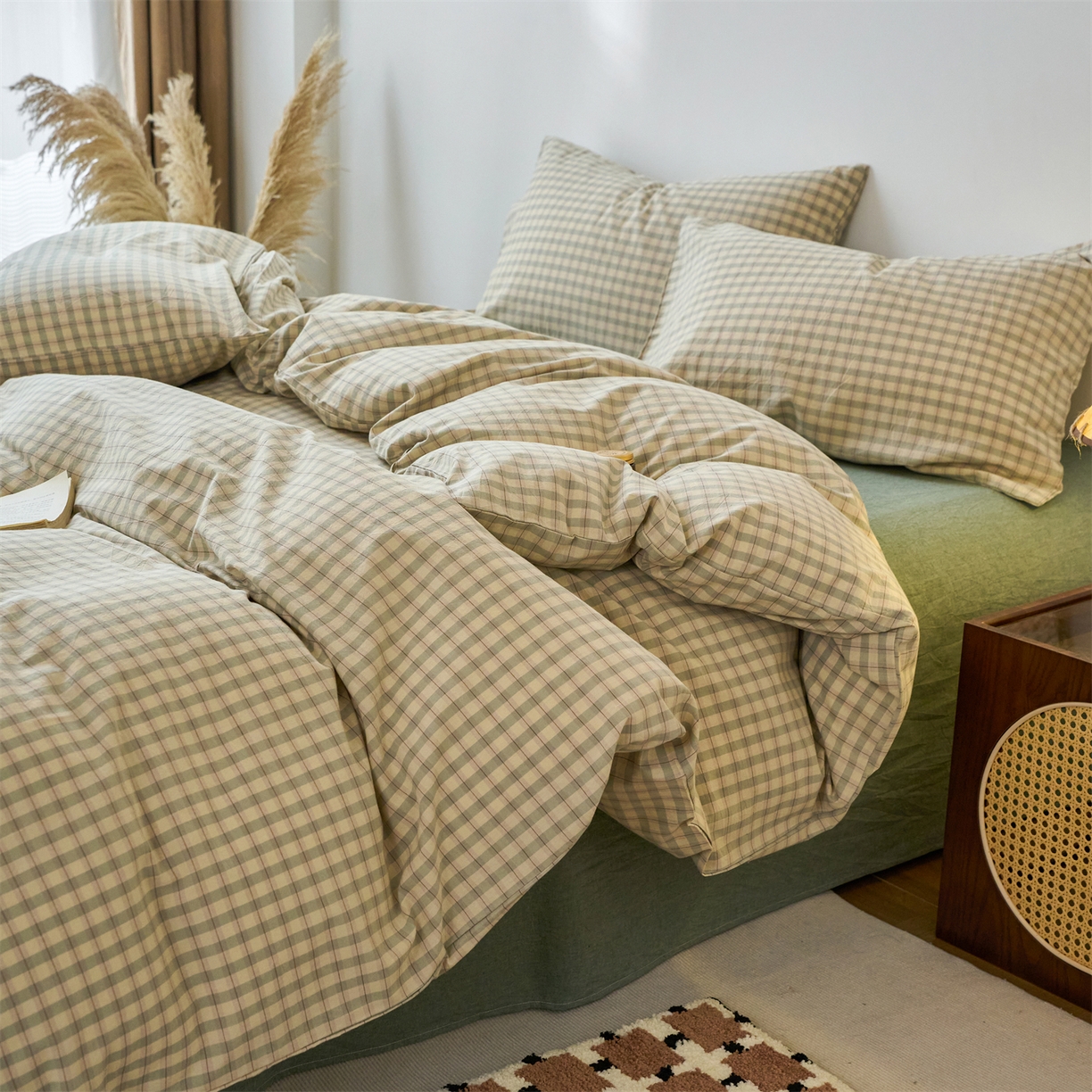 91家纺网 家纺一手货源 找家纺 兰紫橙家纺 2026新款全棉纯棉水洗棉四件套方格朵拉 方格-朵拉绿