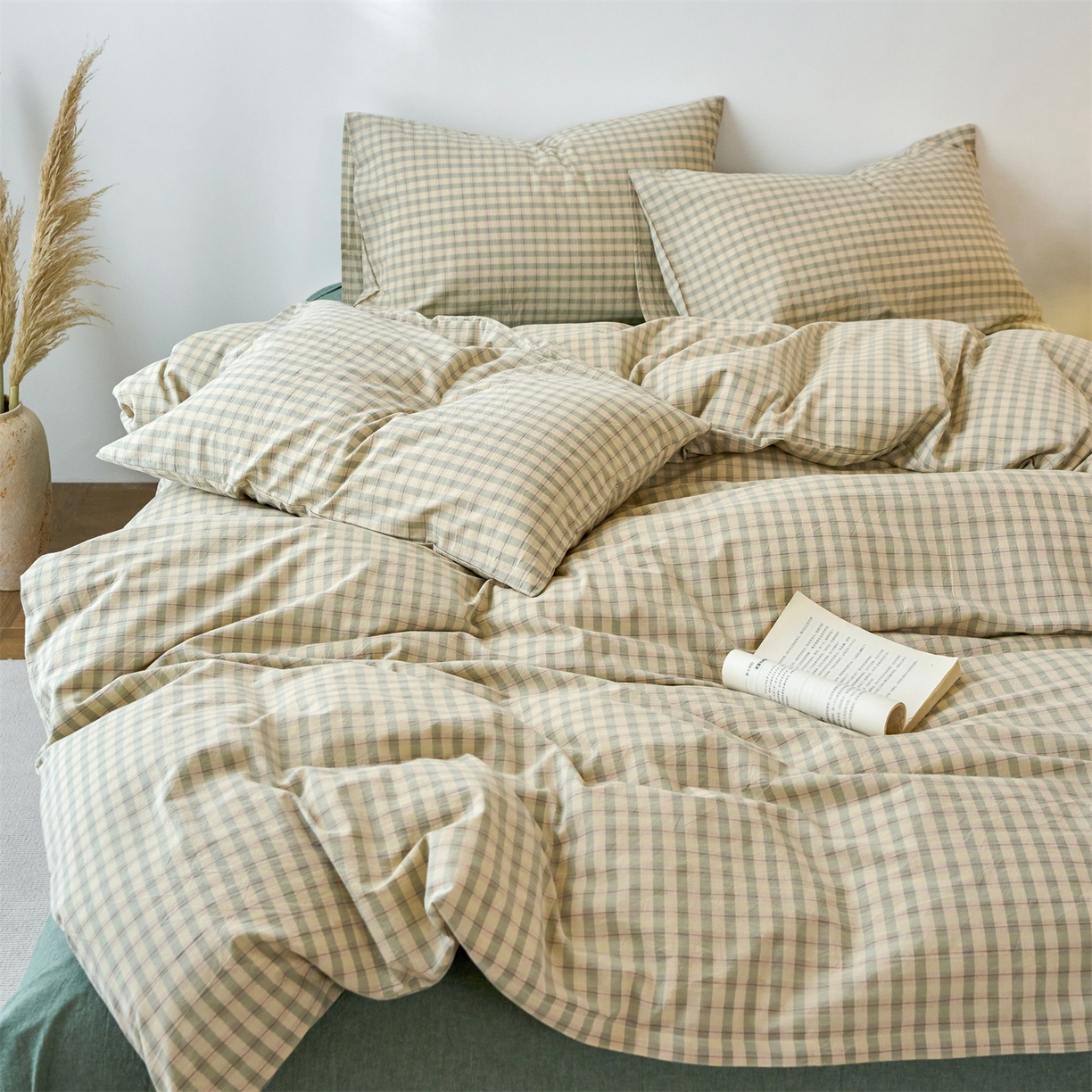 91家纺网 家纺一手货源 找家纺 兰紫橙家纺 2026新款全棉纯棉水洗棉四件套方格朵拉 方格-朵拉绿