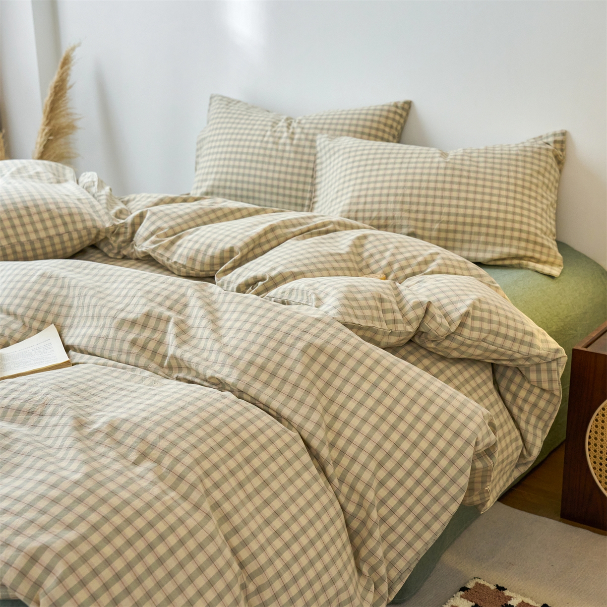 91家纺网 家纺一手货源 找家纺 兰紫橙家纺 2026新款全棉纯棉水洗棉四件套方格朵拉 方格-朵拉绿