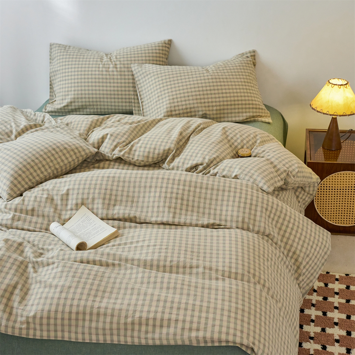 91家纺网 家纺一手货源 找家纺 兰紫橙家纺 2026新款全棉纯棉水洗棉四件套方格朵拉 方格-朵拉绿