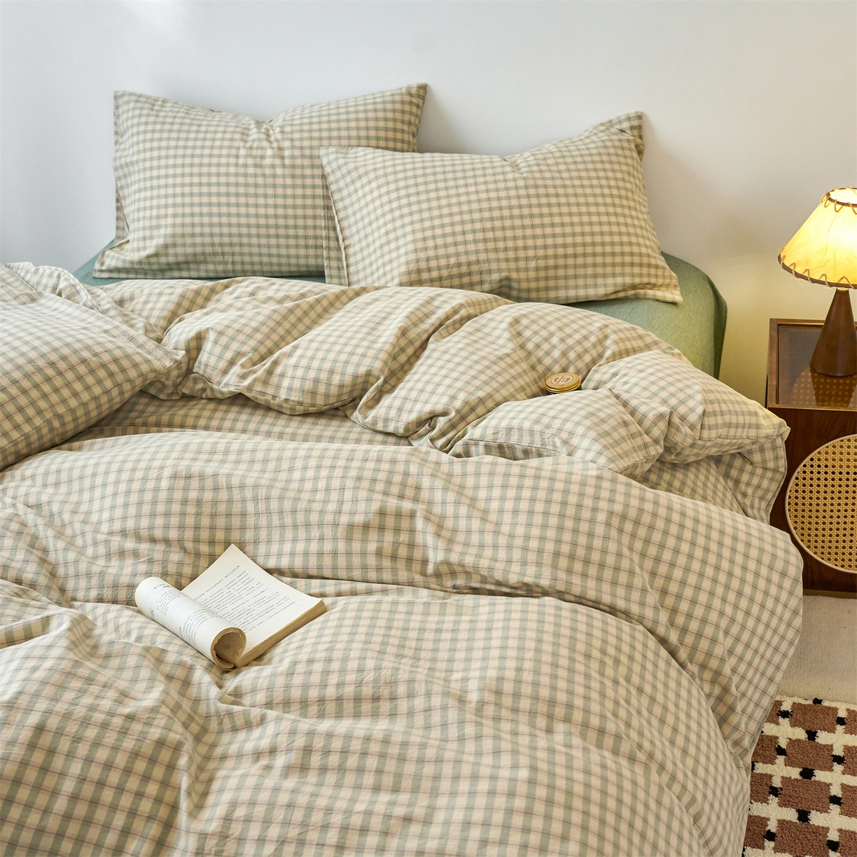 91家纺网 家纺一手货源 找家纺 兰紫橙家纺 2026新款全棉纯棉水洗棉四件套方格朵拉 方格-朵拉绿