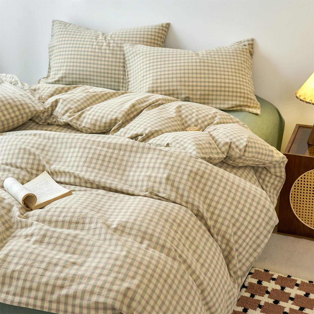 91家纺网 家纺一手货源 找家纺 兰紫橙家纺 2026新款全棉纯棉水洗棉四件套方格朵拉 方格-朵拉绿