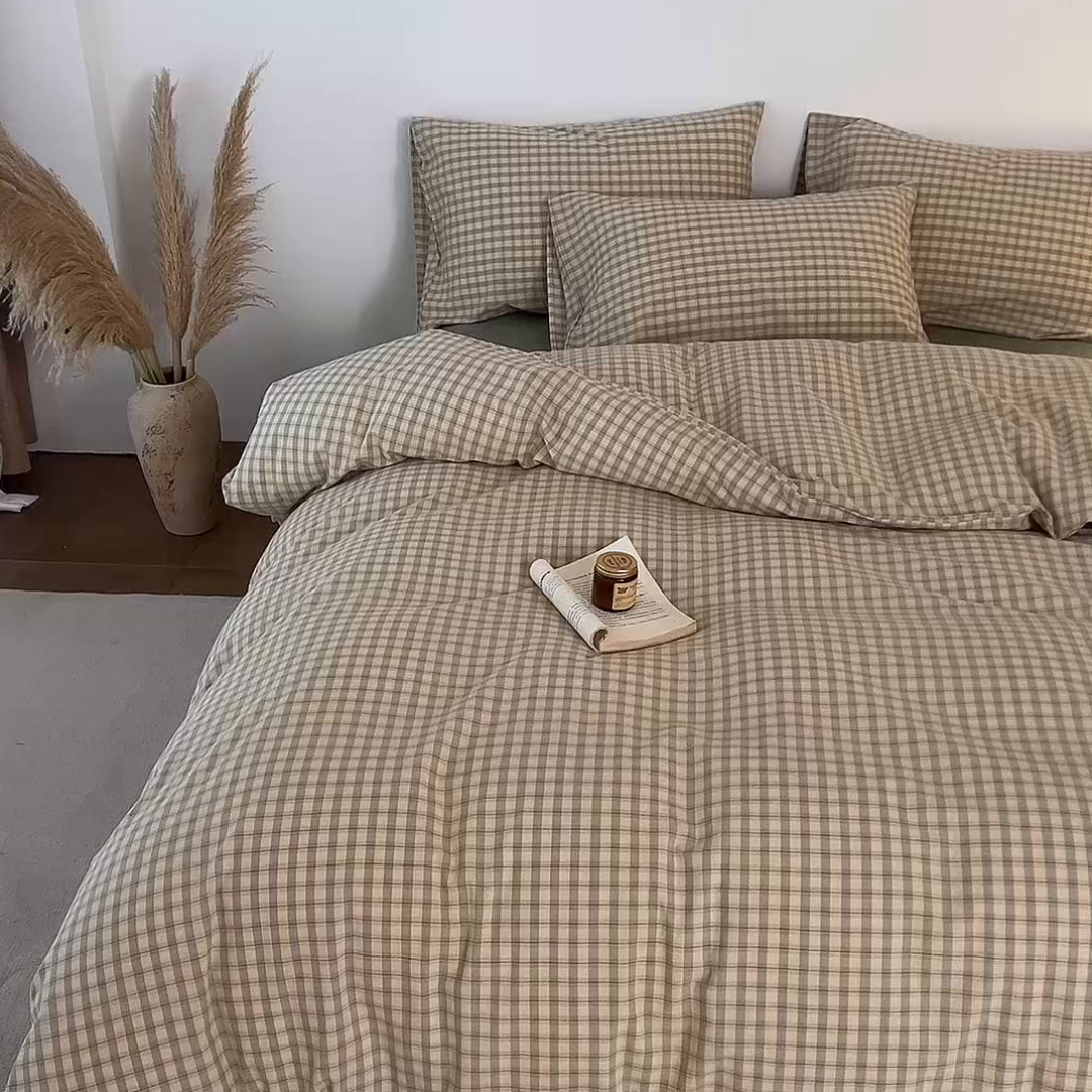 91家纺网 家纺一手货源 找家纺 兰紫橙家纺 2026新款全棉纯棉水洗棉四件套方格朵拉 方格-朵拉绿